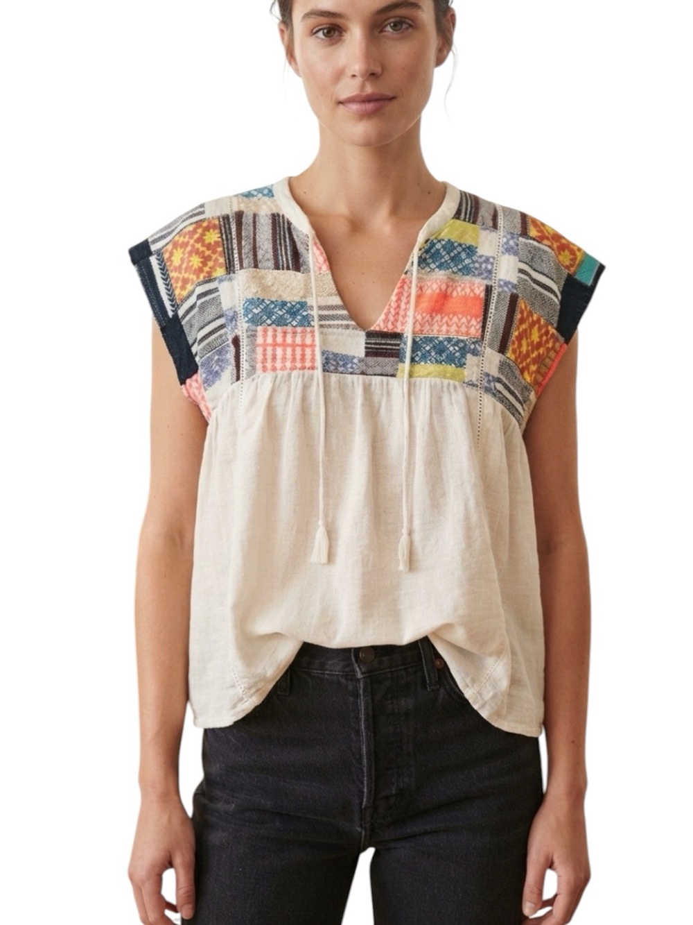 Altar'd State Cream Patchwork Embroidered V-Neck Top Size L
